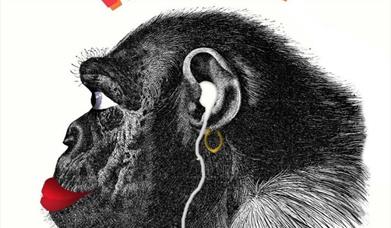 Wild Inn picture of a monkey, wearing lipstick with a hoop earring, an earphone in its ear