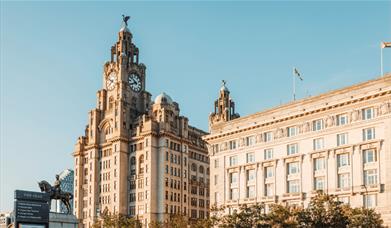 The Royal Liver Building and Cunard Building on the blue sky