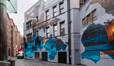 A large grey wall on Harrington Street with a mural painted by Smug across the whole all.